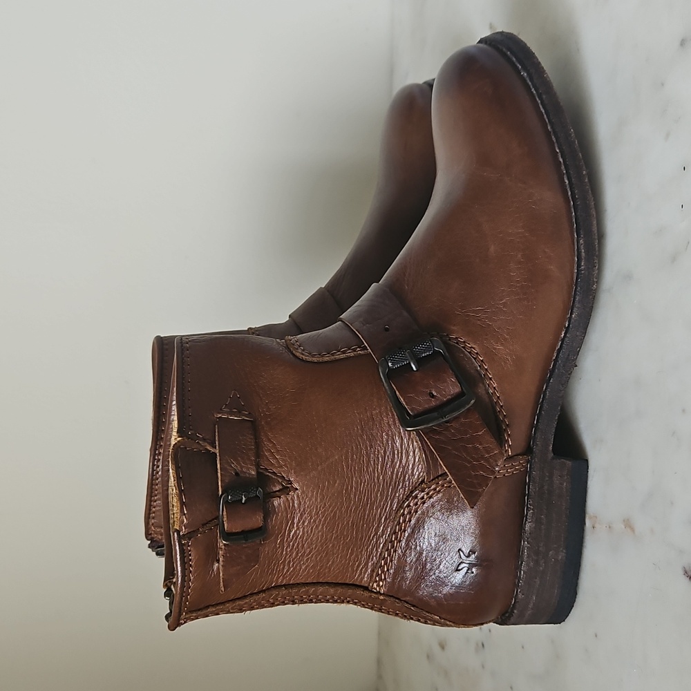 Frye Tan Leather Buckle Moto Boots - Picture 3 of 9